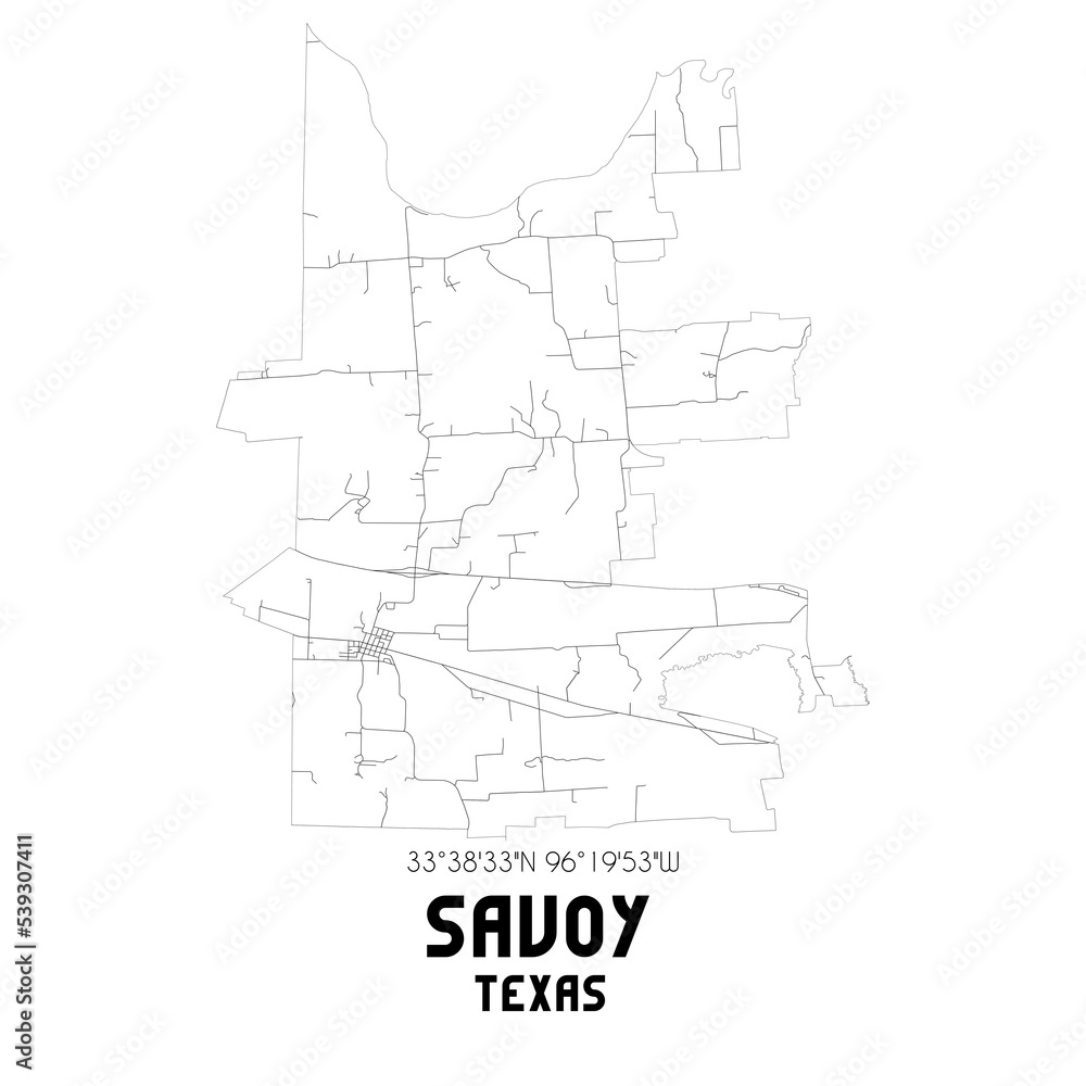 Savoy Texas. US street map with black and white lines.