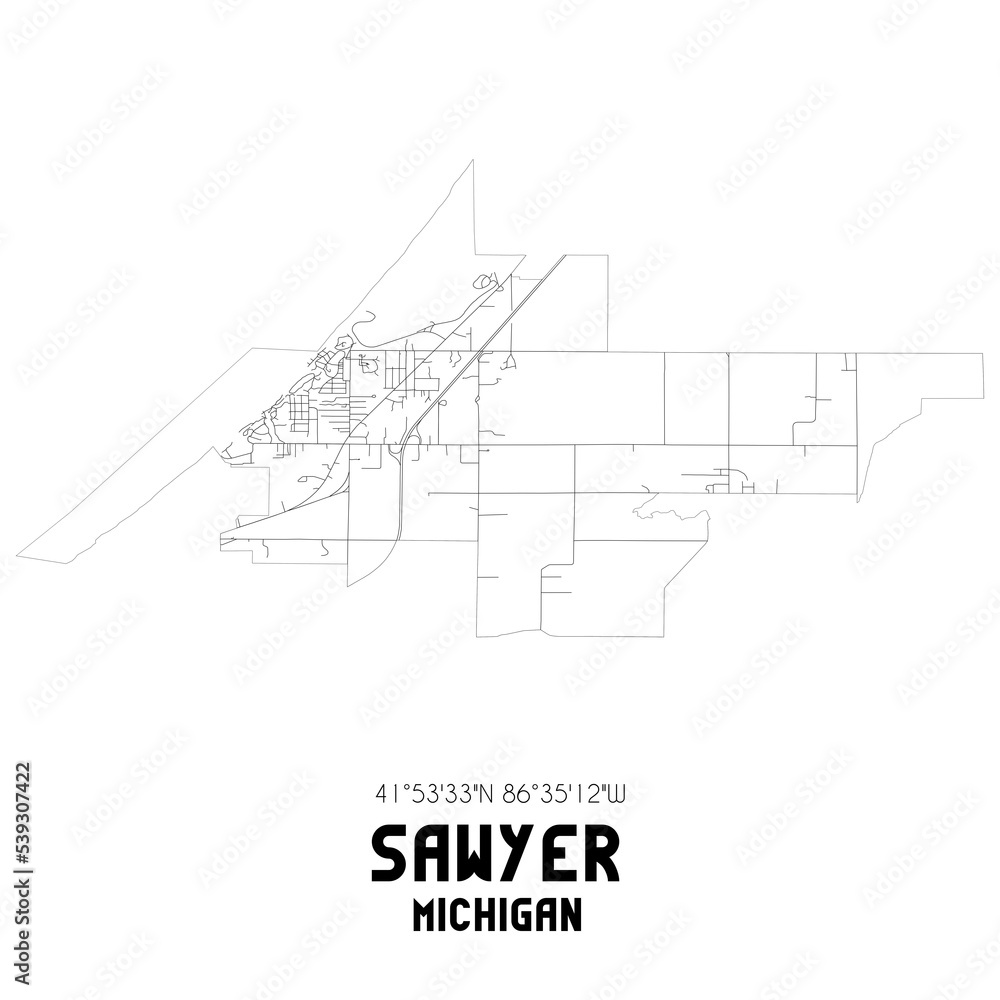 Sawyer Michigan. US street map with black and white lines.