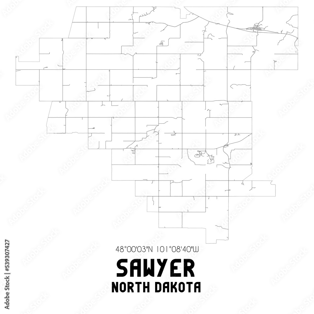 Sawyer North Dakota. US street map with black and white lines.