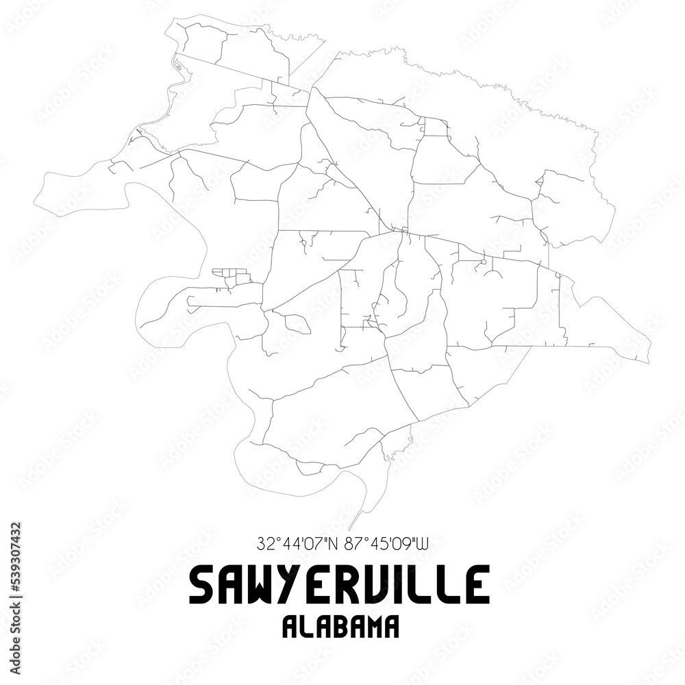 Sawyerville Alabama. US street map with black and white lines.