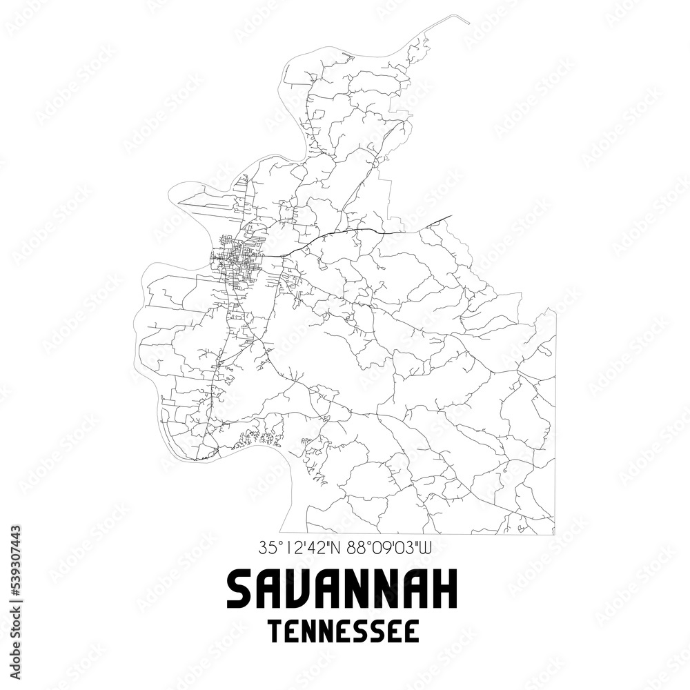 Savannah Tennessee. US street map with black and white lines. Savannah Tennessee. US street map with black and white lines.