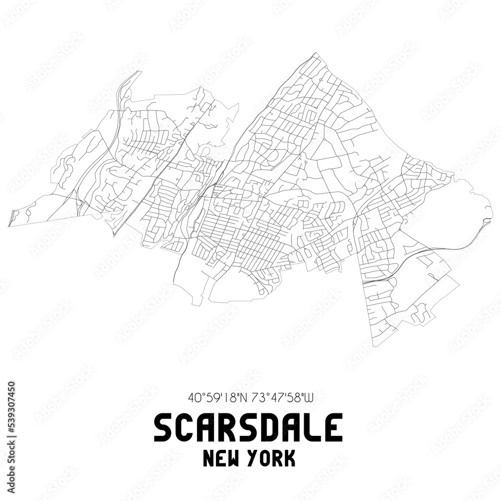 Scarsdale New York. US street map with black and white lines.