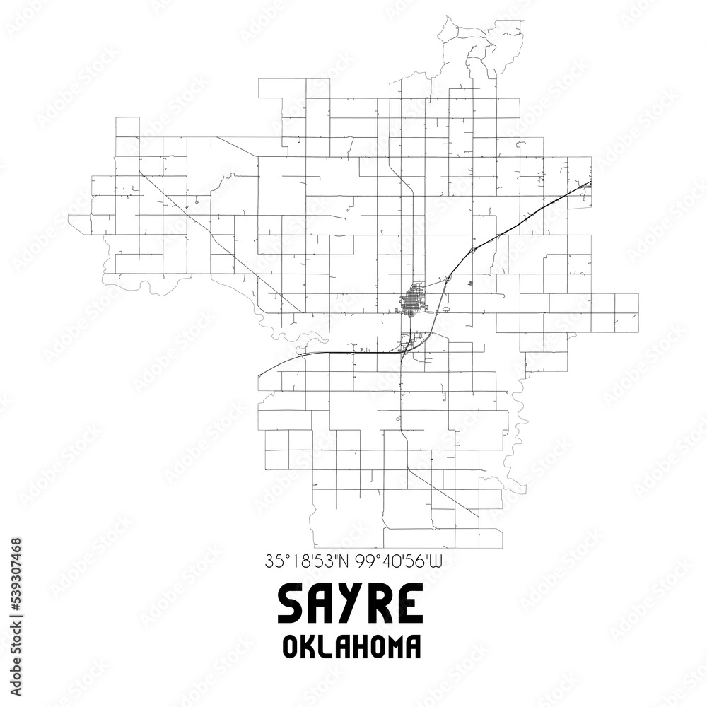 Sayre Oklahoma. US street map with black and white lines.