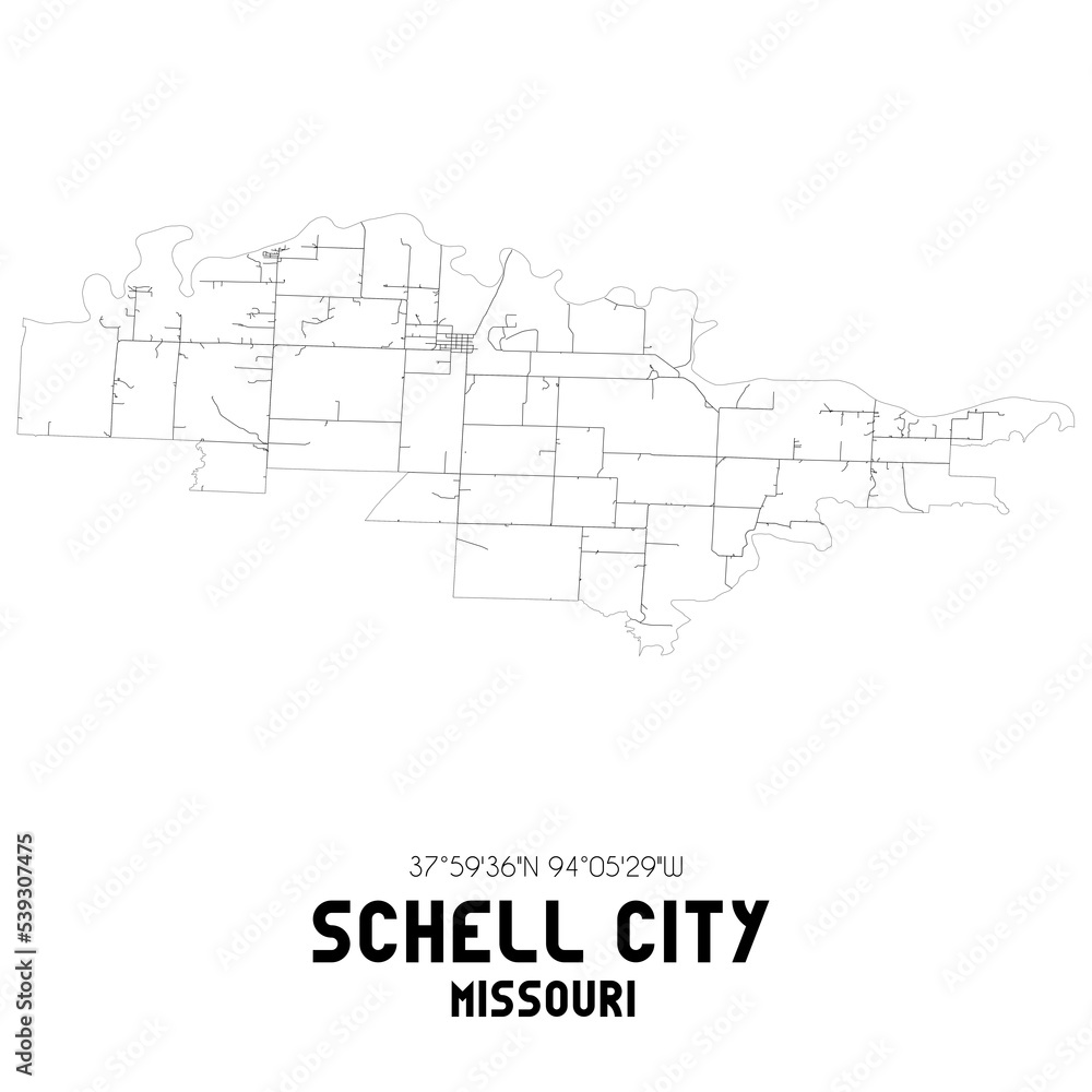 Schell City Missouri. US street map with black and white lines. Stock