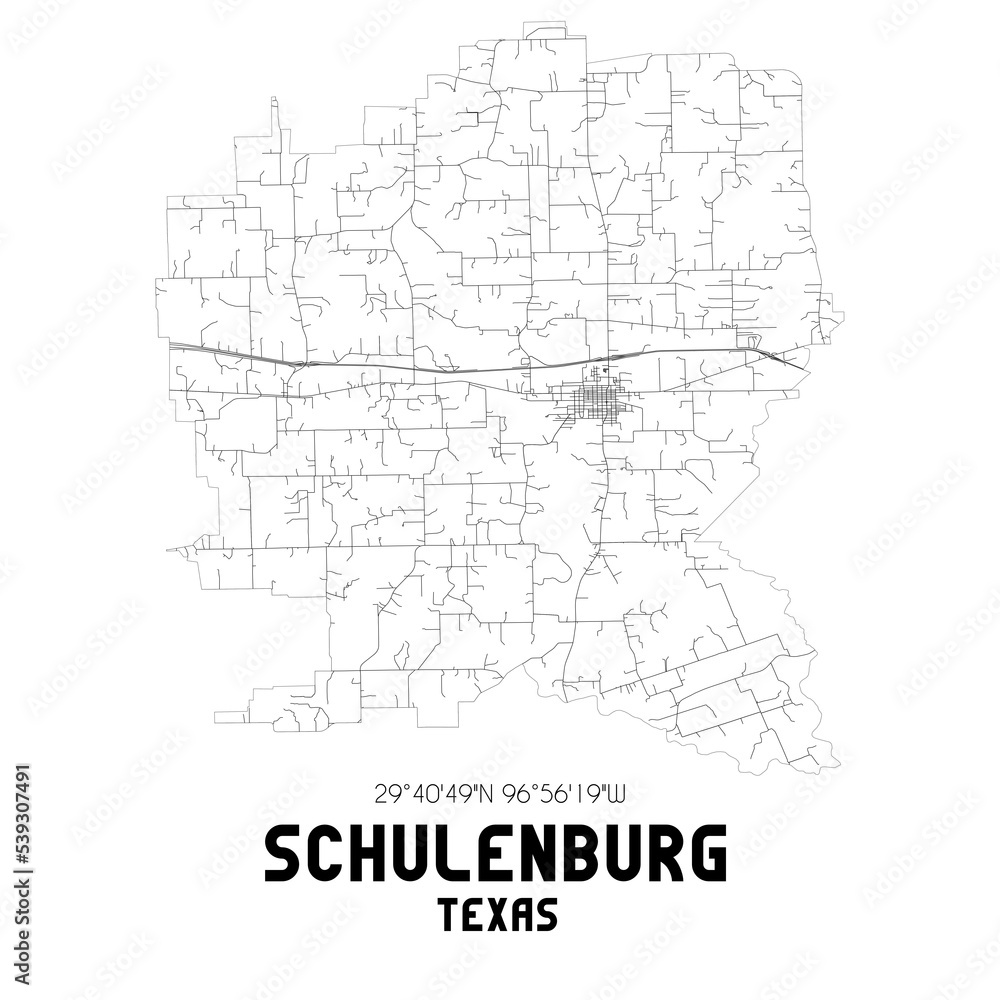 Schulenburg Texas. US street map with black and white lines.