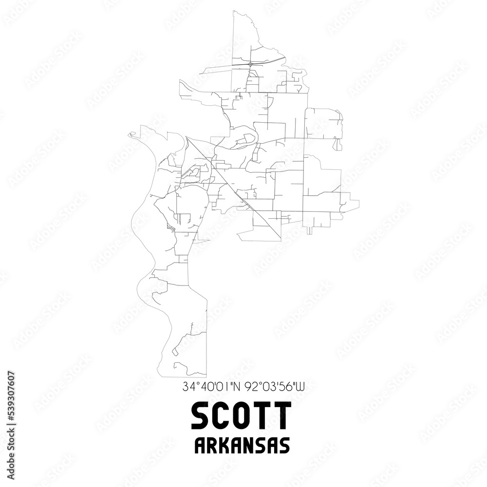 Scott Arkansas. US street map with black and white lines.