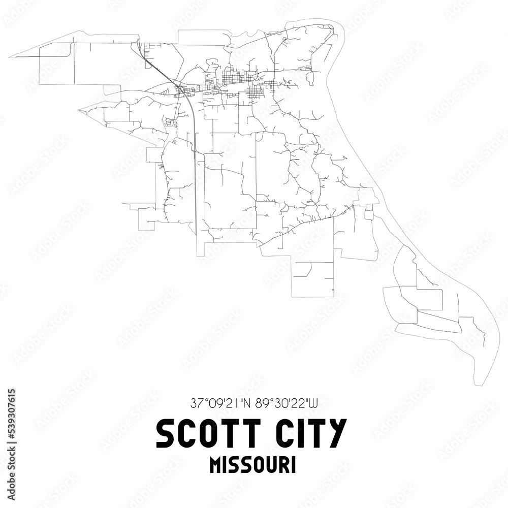 Scott City Missouri. US street map with black and white lines.