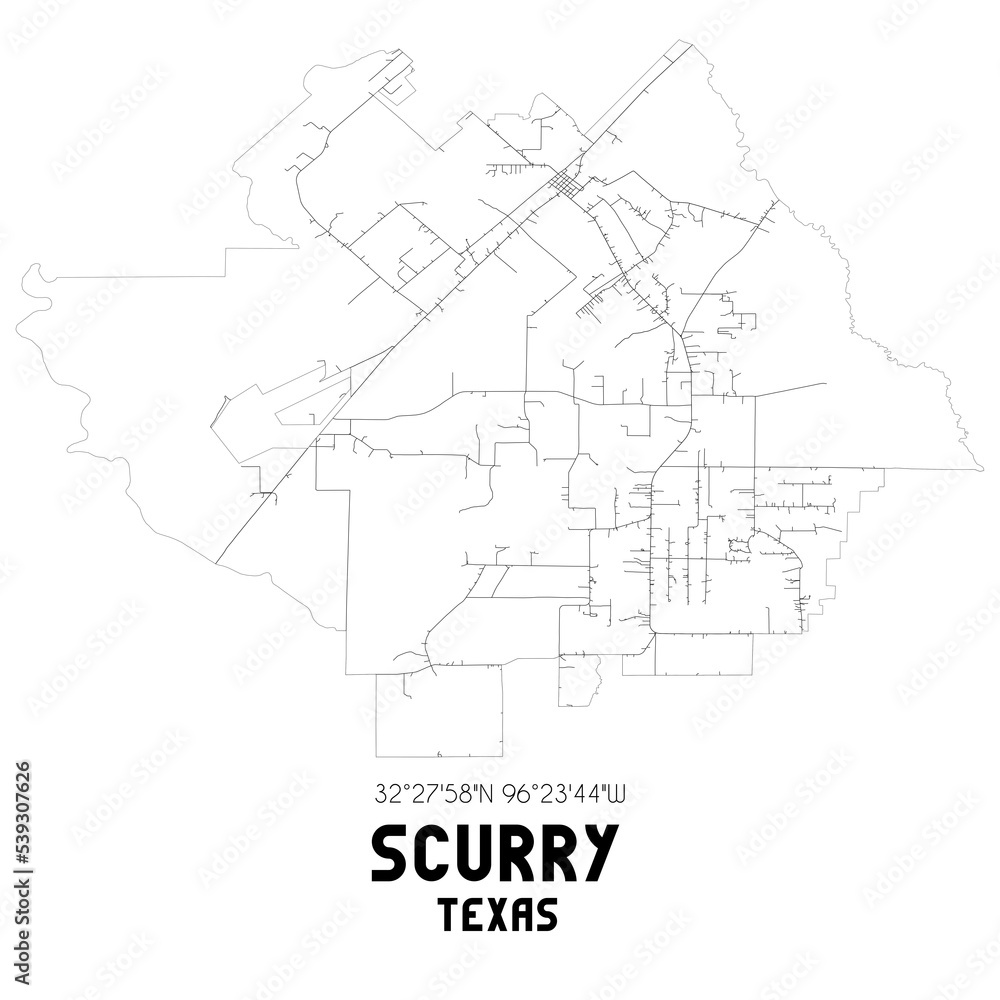 Scurry Texas. US street map with black and white lines.