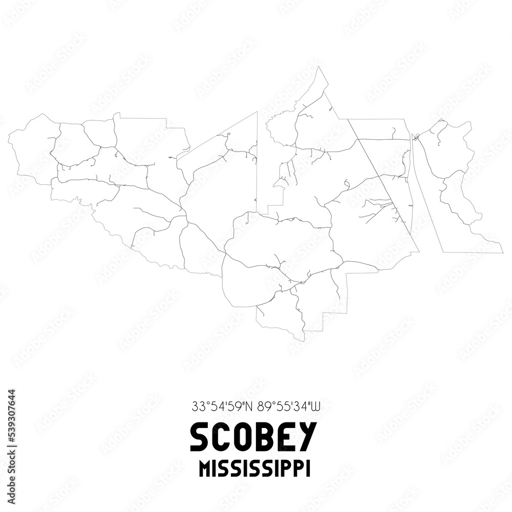Scobey Mississippi. US street map with black and white lines.