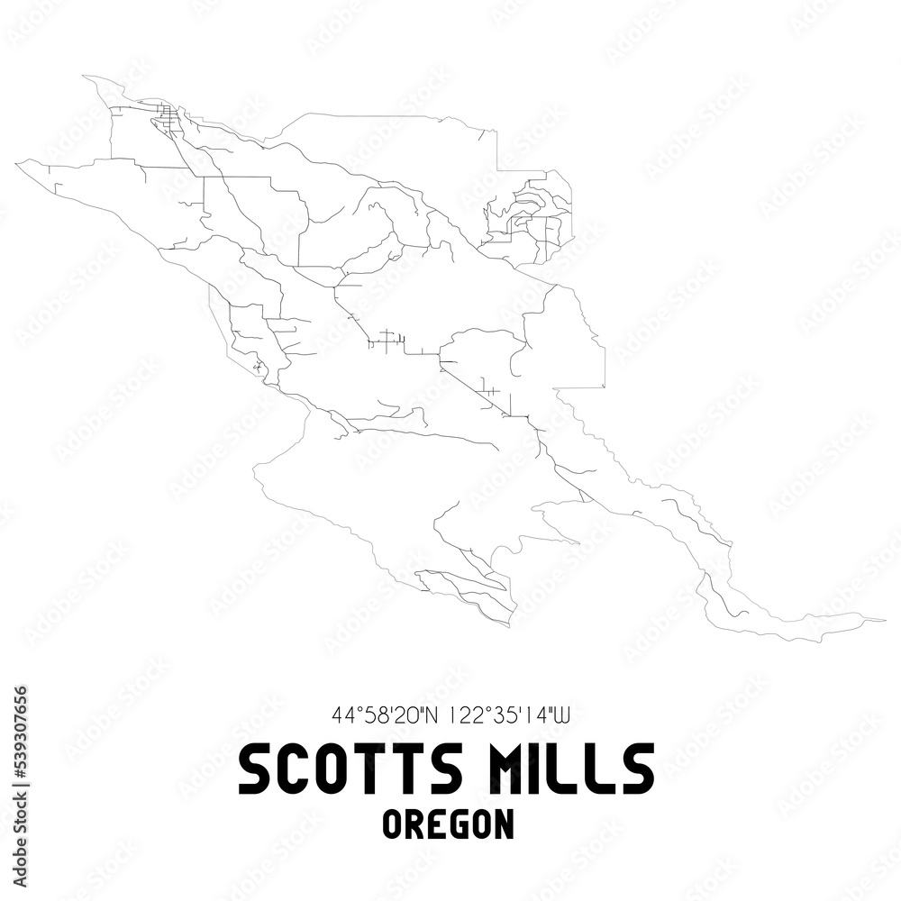 Scotts Mills Oregon. US street map with black and white lines.
