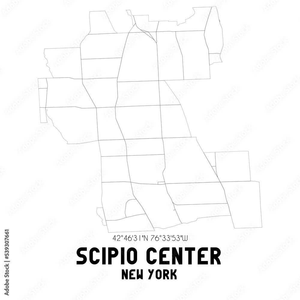 Scipio Center New York. US street map with black and white lines. Stock