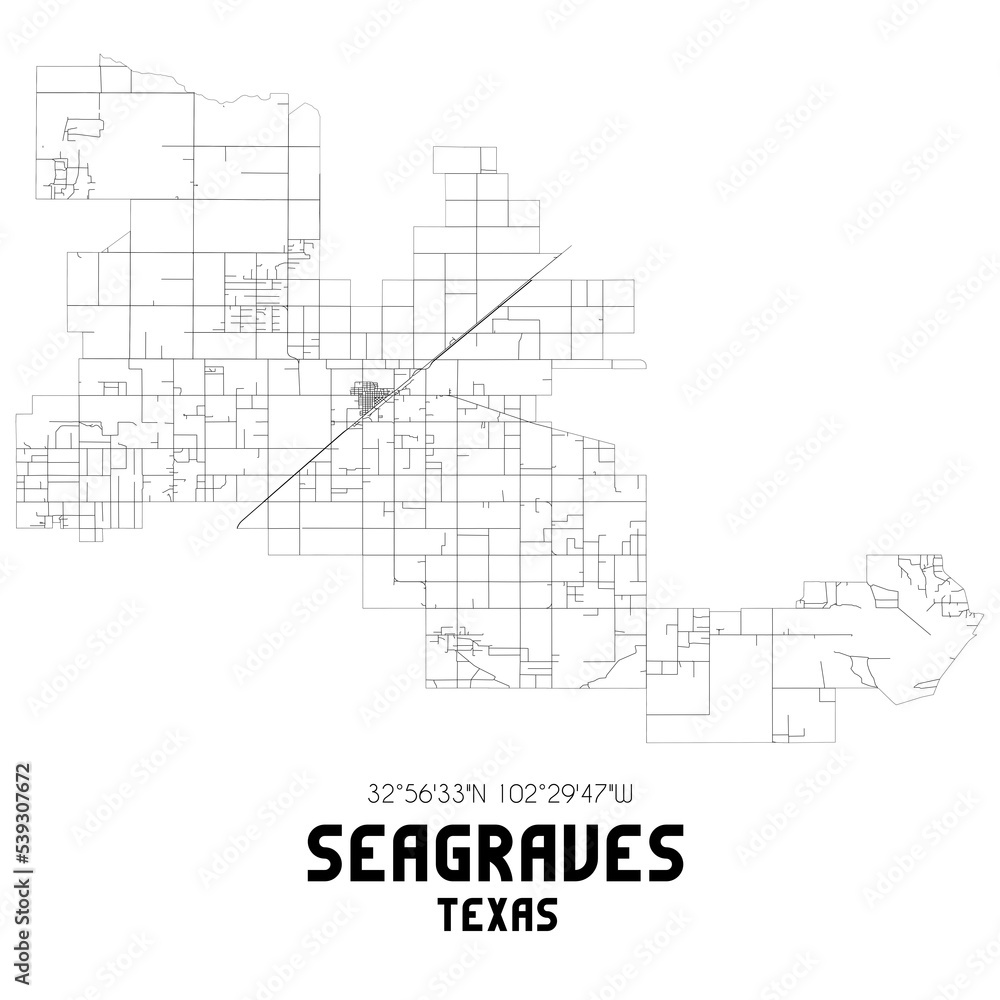 Seagraves Texas. US street map with black and white lines.