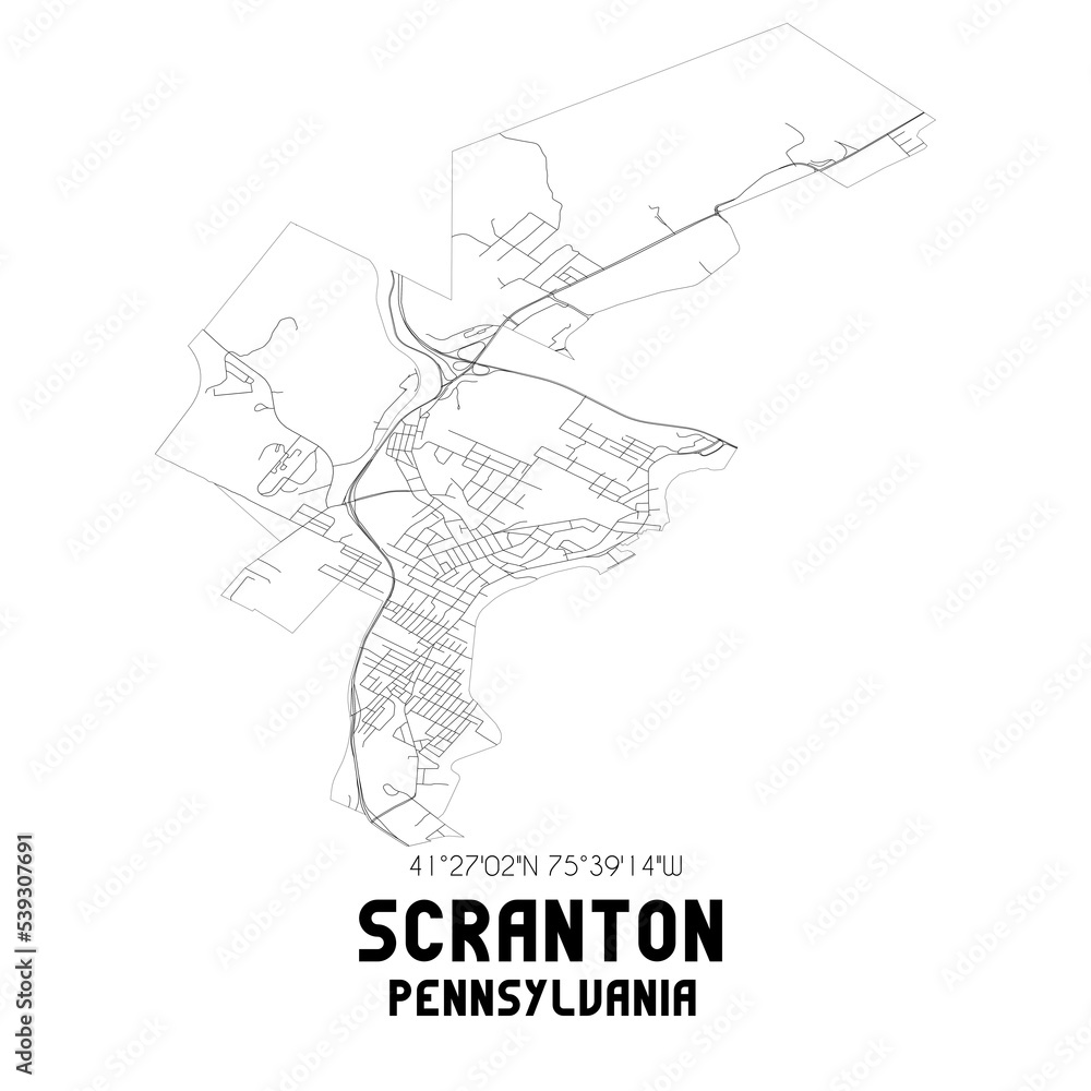 Scranton Pennsylvania. US street map with black and white lines.