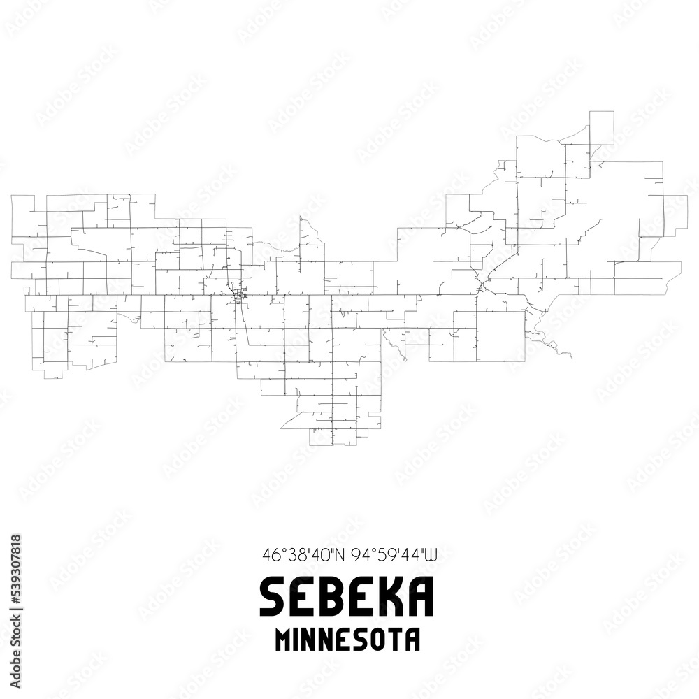 Sebeka Minnesota. US street map with black and white lines.