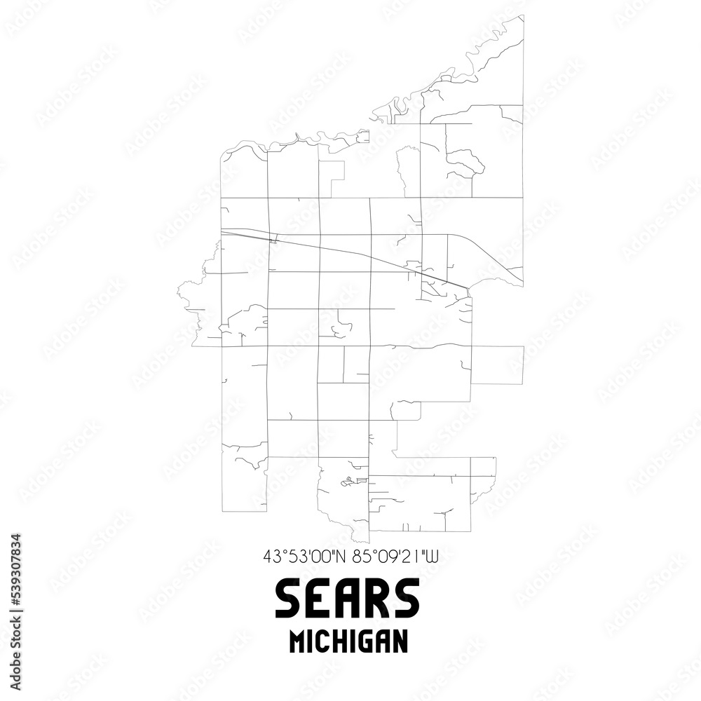 Sears Michigan. US street map with black and white lines.