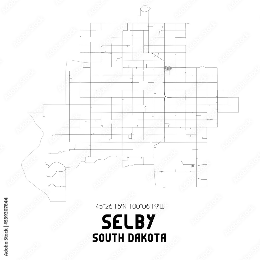 Fototapeta premium Selby South Dakota. US street map with black and white lines.