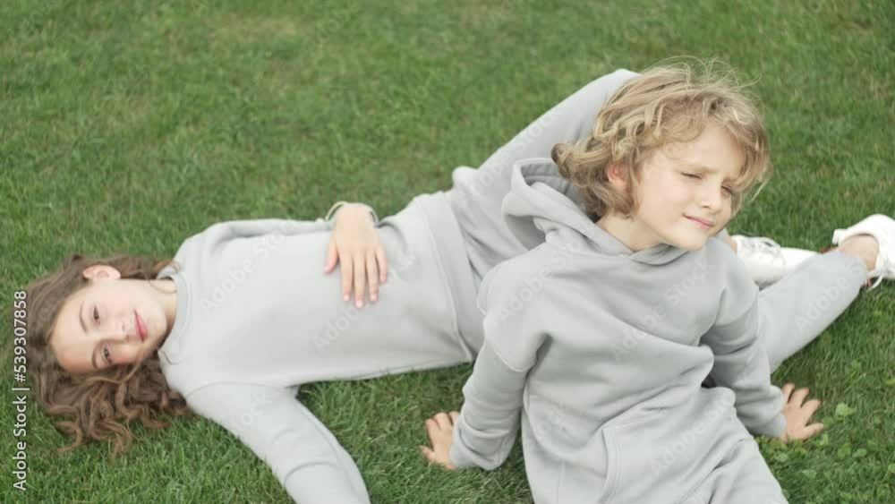 Portrait of a brother and sister lying on the grass in the park. Happy children are having fun and smiling together on a walk. Friendly family. High quality 4k footage Portrait of a brother and sister lying on the grass in the park. Happy children are having fun and smiling together on a walk. Friendly family. High quality 4k footage