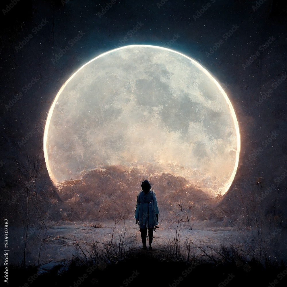 Ilustración de paisaje nocturno con luna llena, siendo observada por ...