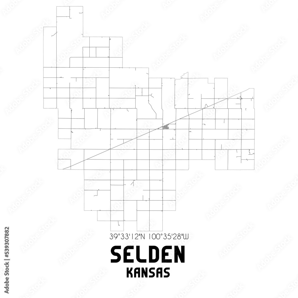 Selden Kansas. US street map with black and white lines. Stock