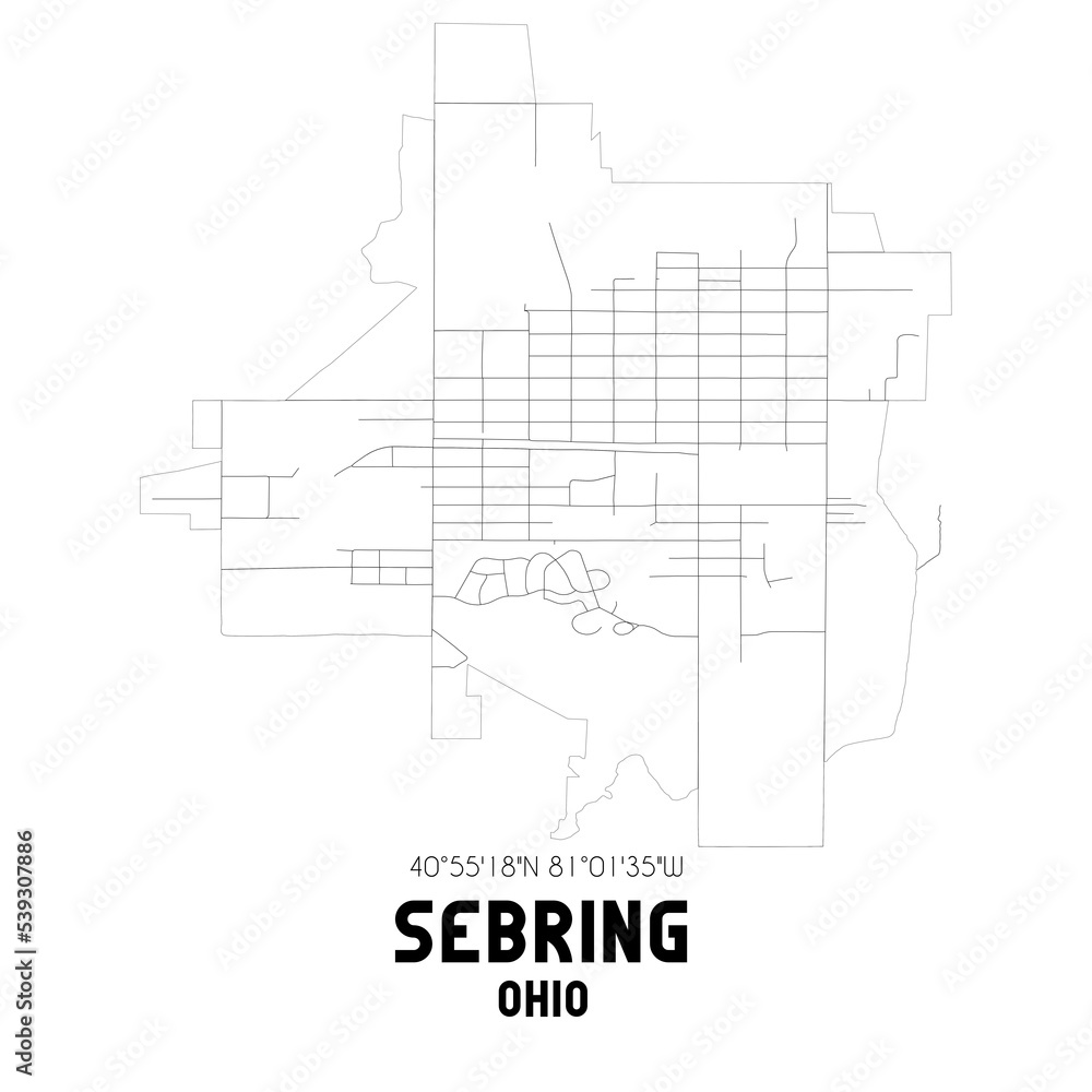 Sebring Ohio. US street map with black and white lines.