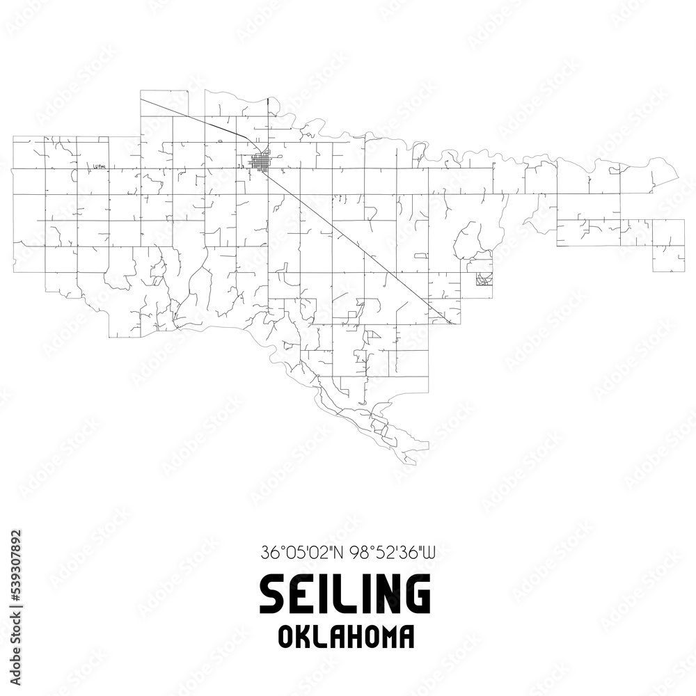 Seiling Oklahoma. US street map with black and white lines.