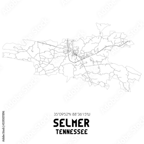 Selmer Tennessee. US street map with black and white lines.