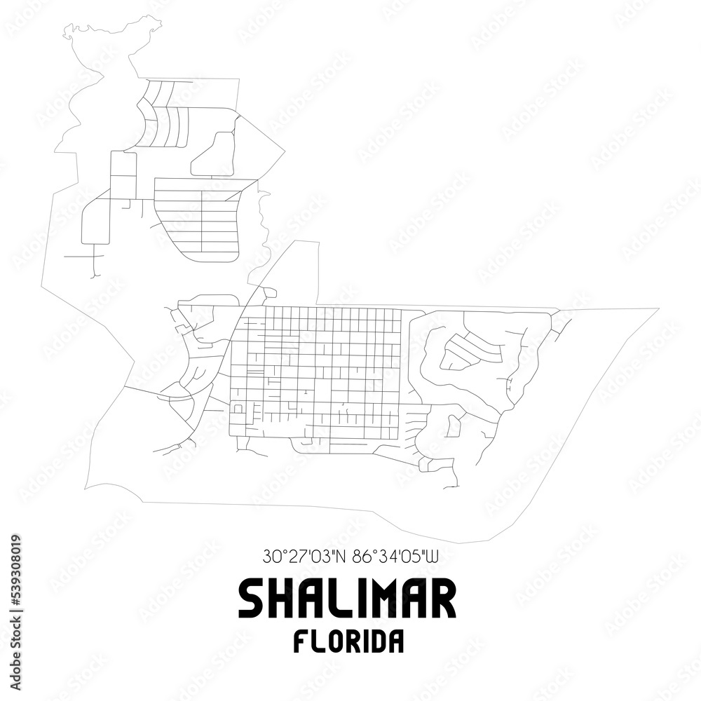 Shalimar Florida. US street map with black and white lines. Stock