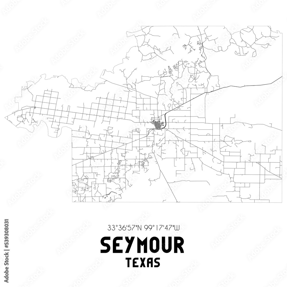 Seymour Texas. US street map with black and white lines.