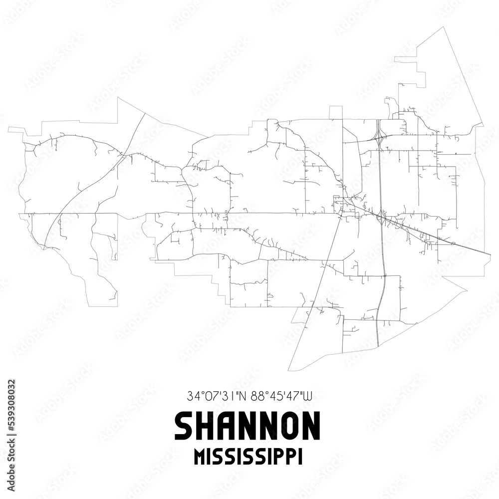 Shannon Mississippi. US street map with black and white lines.