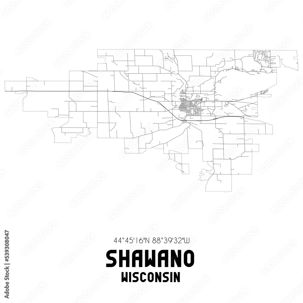 Shawano Wisconsin. US street map with black and white lines.