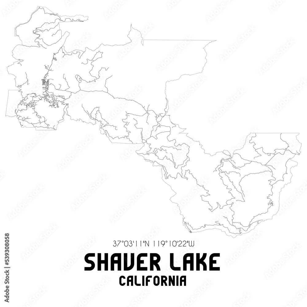 Shaver Lake California. US street map with black and white lines.