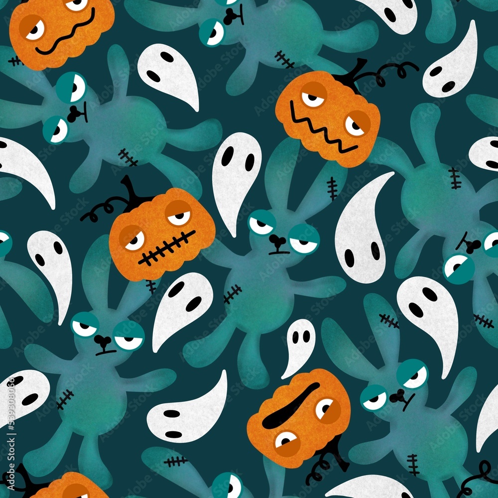 Halloween cartoon evil rabbit seamless toys doodle pattern for wrapping paper and fabrics and linens