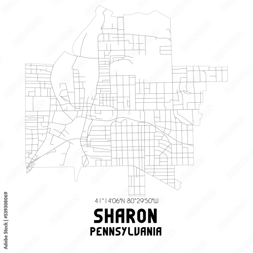 Sharon Pennsylvania. US street map with black and white lines.