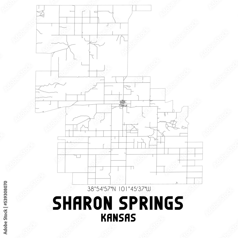 Sharon Springs Kansas. US street map with black and white lines.