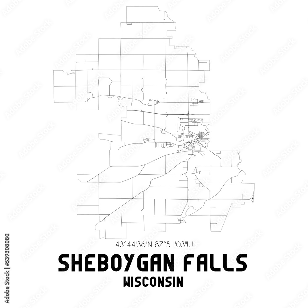 Sheboygan Falls Wisconsin. US street map with black and white lines.