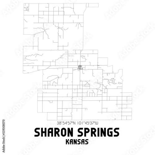 Sharon Springs Kansas. US street map with black and white lines.