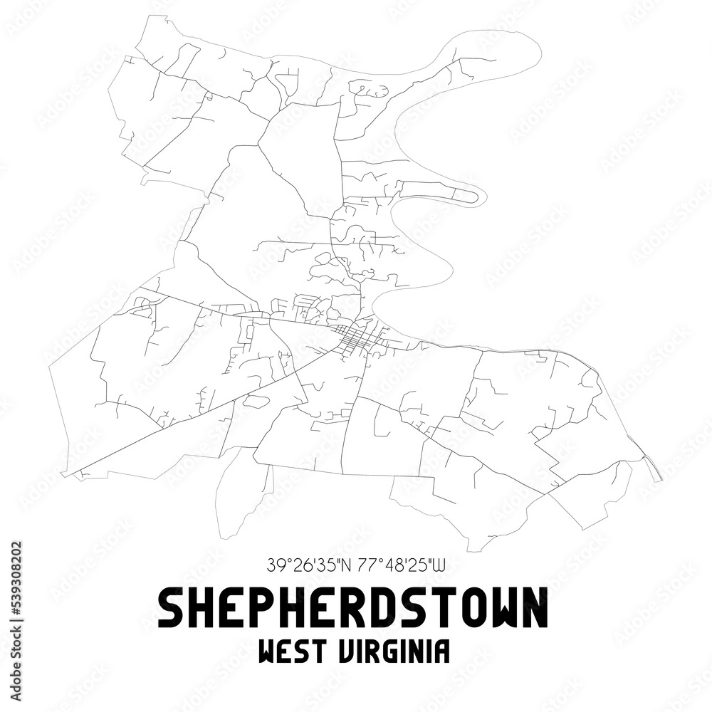 Shepherdstown West Virginia. US street map with black and white lines.