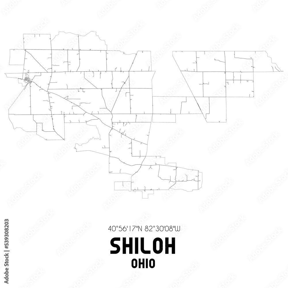 Shiloh Ohio. US street map with black and white lines.