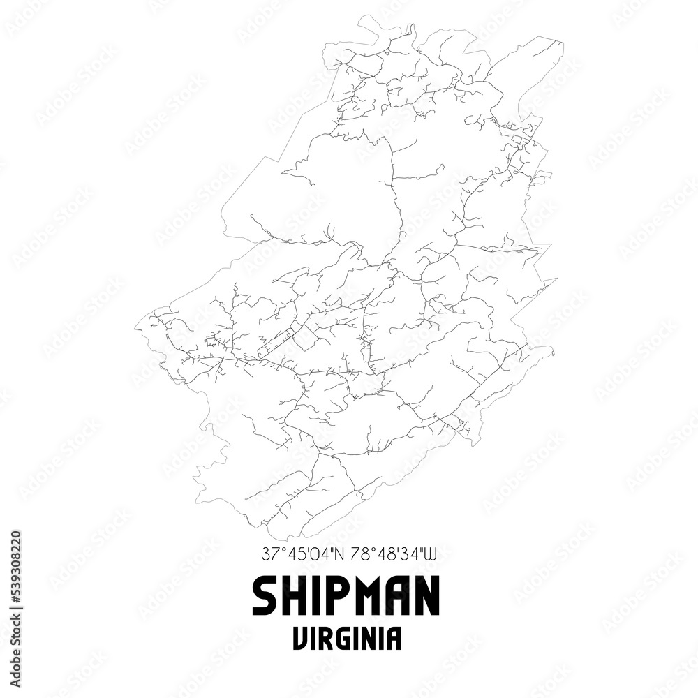 Shipman Virginia. US street map with black and white lines.