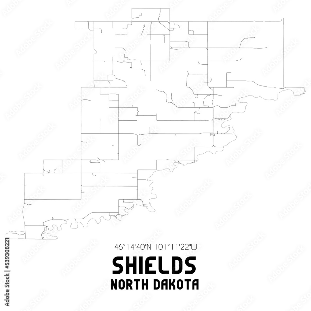 Shields North Dakota. US street map with black and white lines.