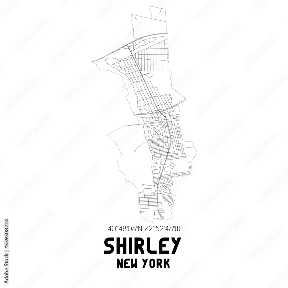 Shirley New York. US street map with black and white lines. Stock