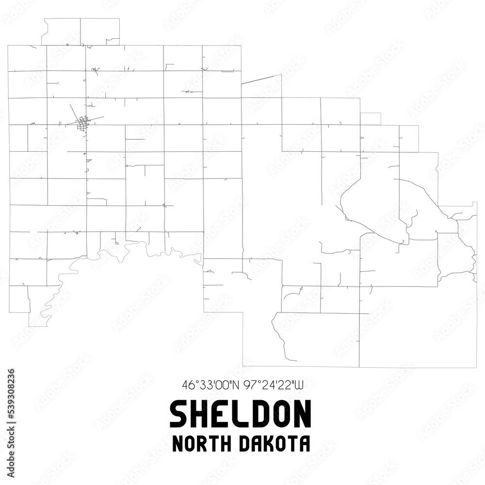 Sheldon North Dakota. US street map with black and white lines.