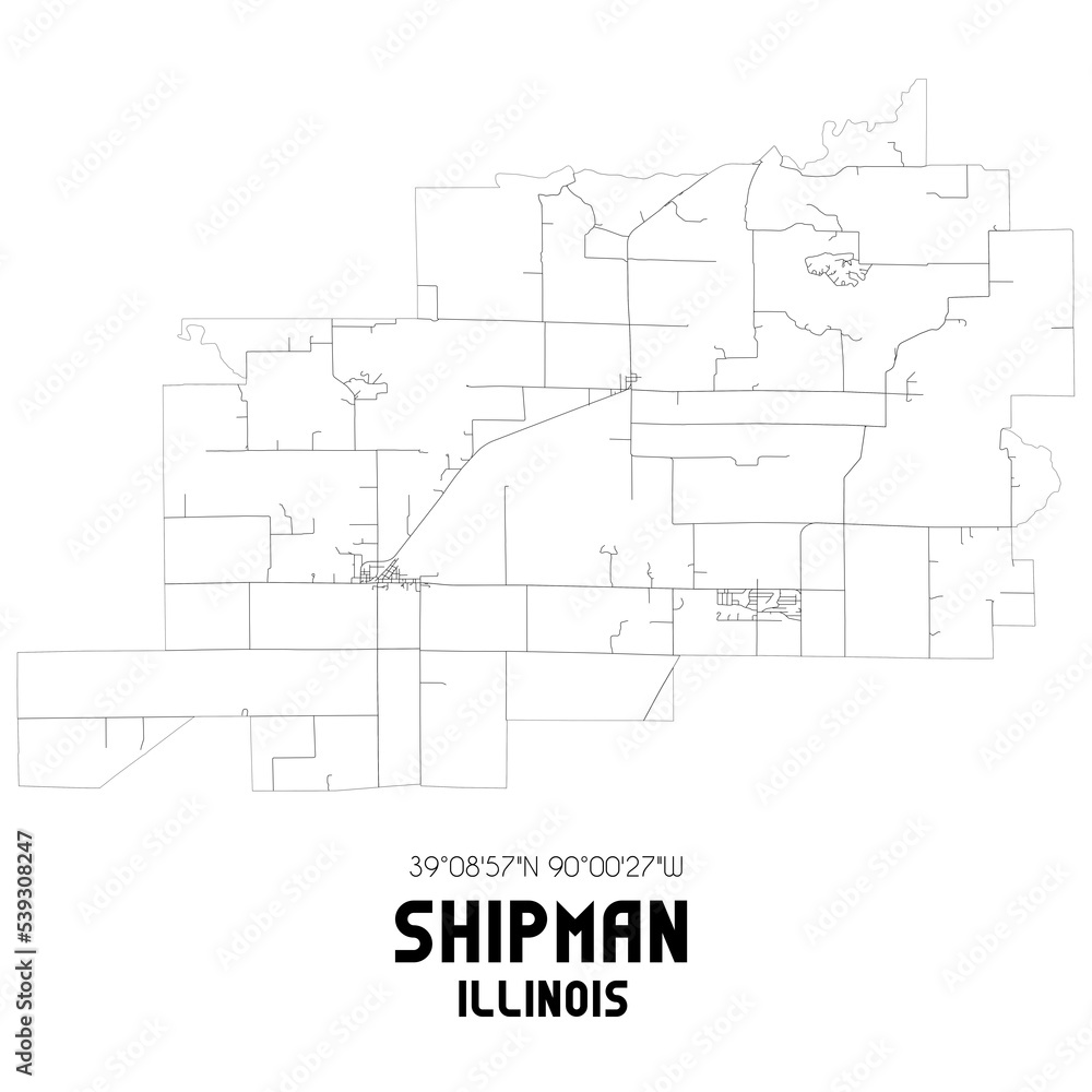 Shipman Illinois. US street map with black and white lines.