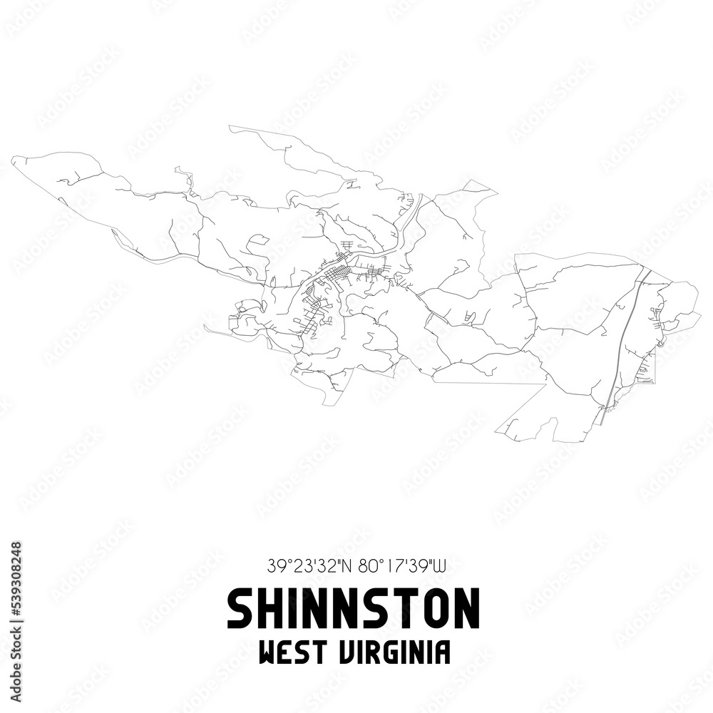 Shinnston West Virginia. US street map with black and white lines.