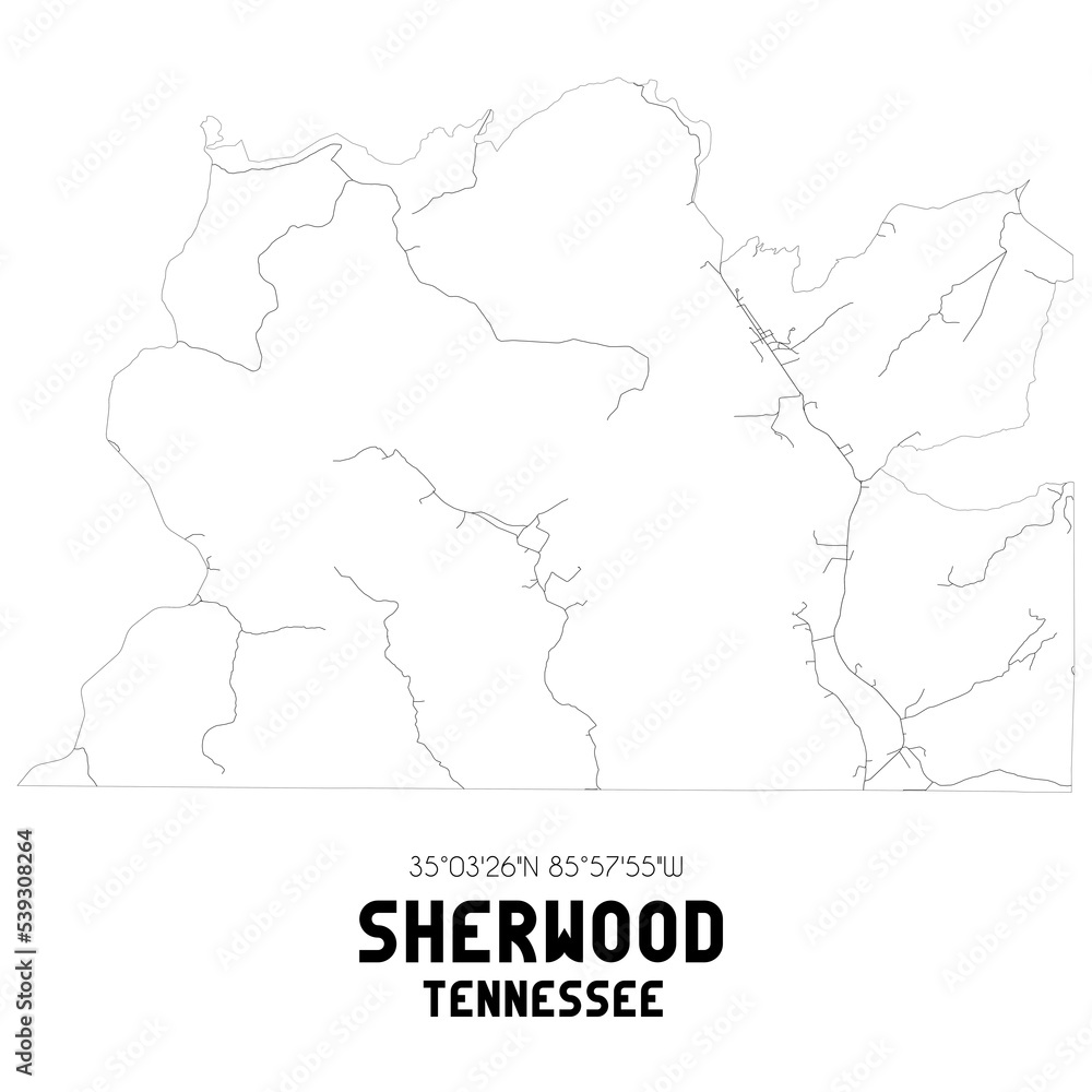 Sherwood Tennessee. US street map with black and white lines.
