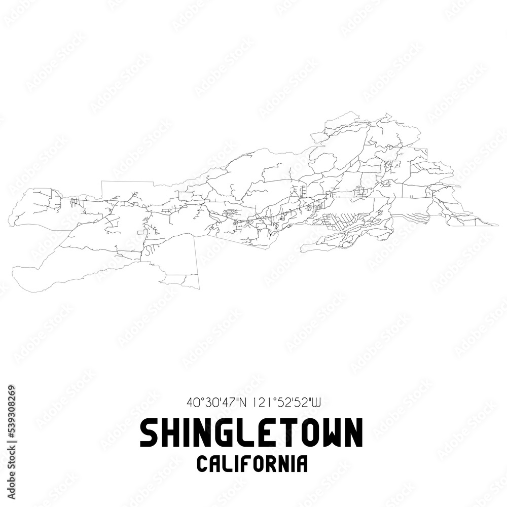 Shingletown California. US street map with black and white lines.