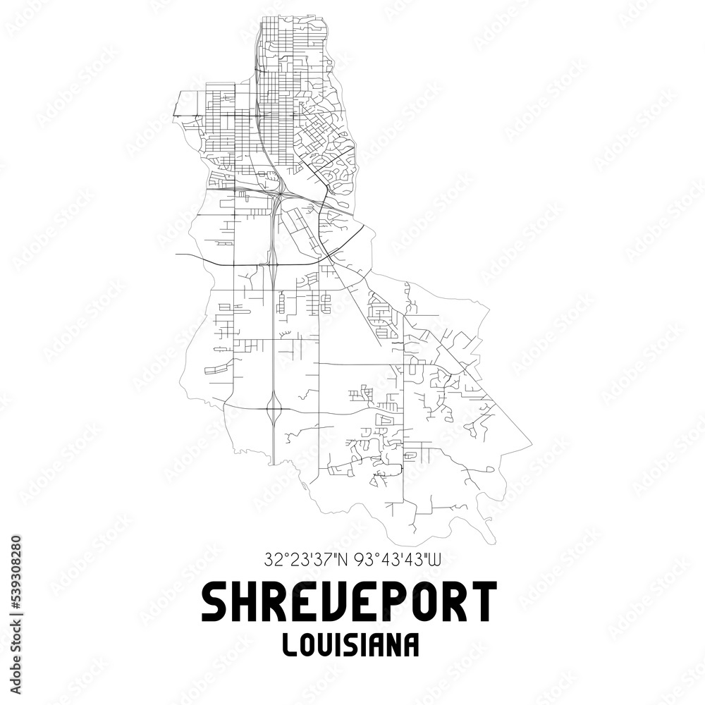 Shreveport Louisiana. US street map with black and white lines.