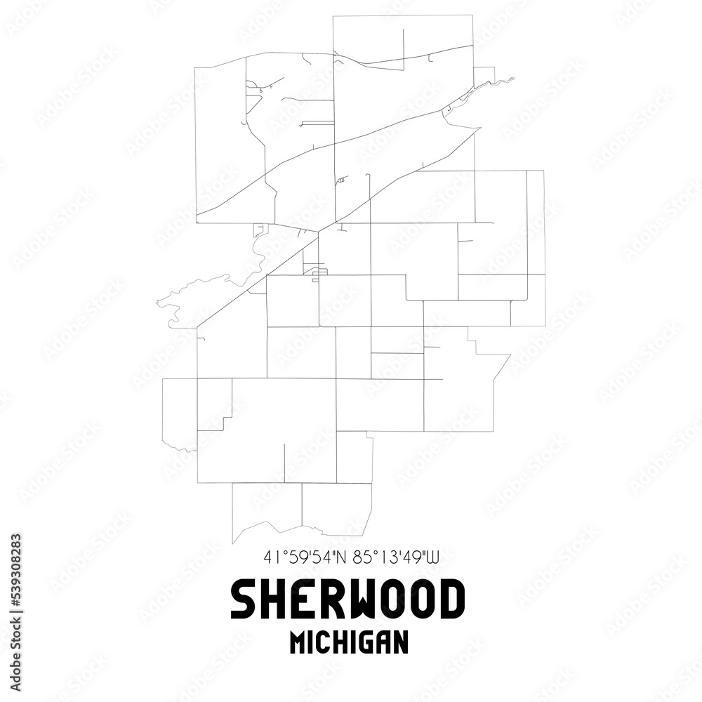 Sherwood Michigan. US street map with black and white lines.