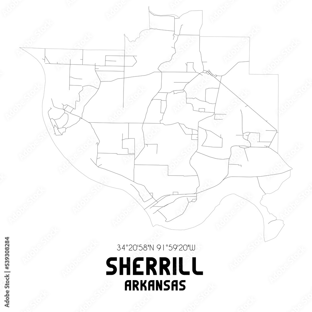 Sherrill Arkansas. US street map with black and white lines.