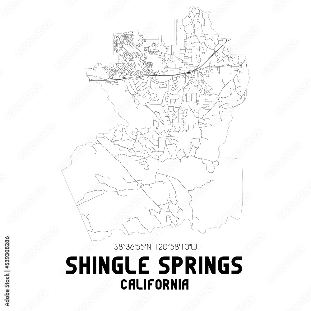 Shingle Springs California. US street map with black and white lines.